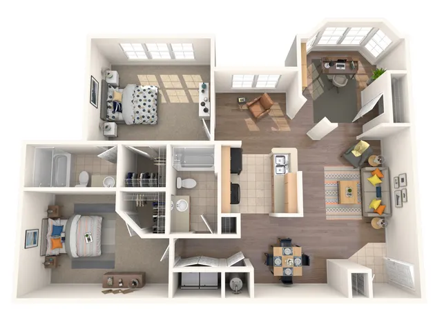 Modern 2D floor plan with 2 bedrooms, cozy living room, functional kitchen, and home office space, perfect for comfortable living.