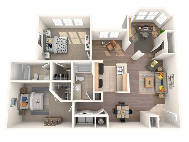 Inviting 3D floor plan showcasing 2 bedrooms, home office, modern kitchen, and cozy living area with natural lighting.