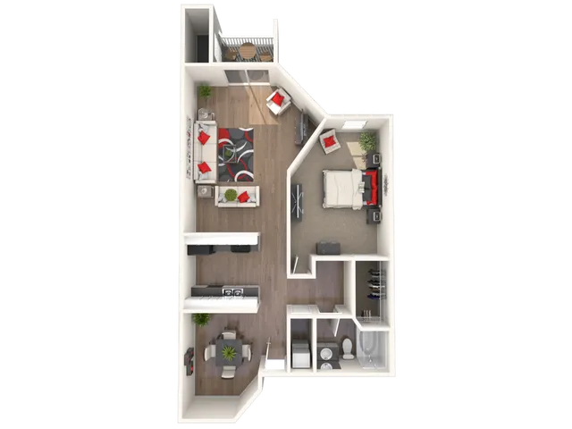 Chic 3D floor plan showcasing a modern 1-bedroom apartment with an inviting living room, stylish kitchen, and private balcony.