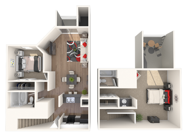 Modern two-story floor plan showcasing 2 bedrooms, open-concept living area, cozy balcony, and stylish kitchen.