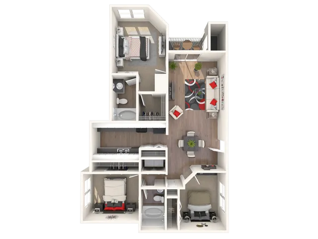 Modern 3D floor plan displaying a stylish apartment with two cozy bedrooms, two bathrooms, open living and dining area, and balcony access. Perfect for contemporary living.