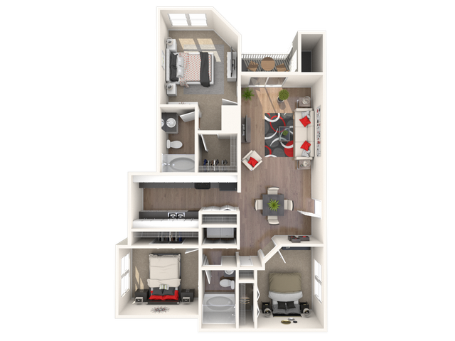 Modern 3D floor plan featuring two bedrooms, two stylish bathrooms, a cozy living area, elegant dining space, and functional kitchen with balcony access.