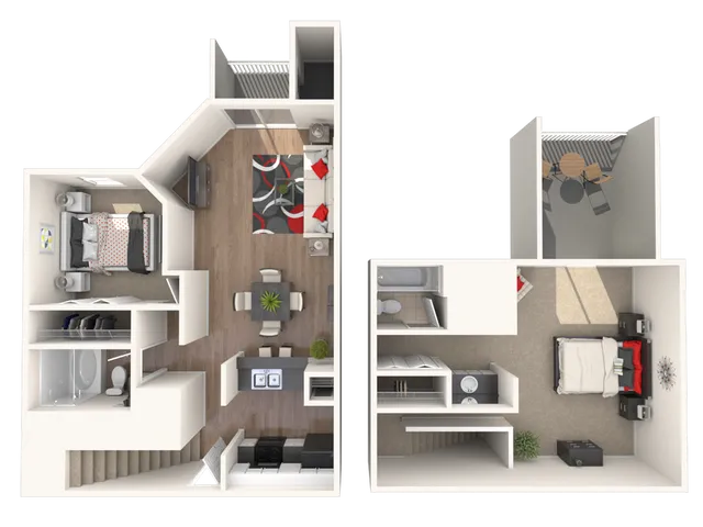 Modern 3D floor plan showcasing a two-story apartment with 2 bedrooms, stylish open-concept living area, kitchen, and cozy balcony.