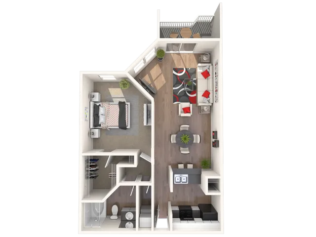 Chic open-plan apartment layout featuring a spacious bedroom, modern living room, stylish kitchen with dining area, and cozy balcony.