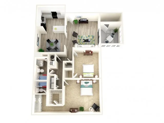 Modern 3D floor plan showcasing a welcoming apartment with 2 bedrooms, a bright living room, stylish kitchen, and designated office space.