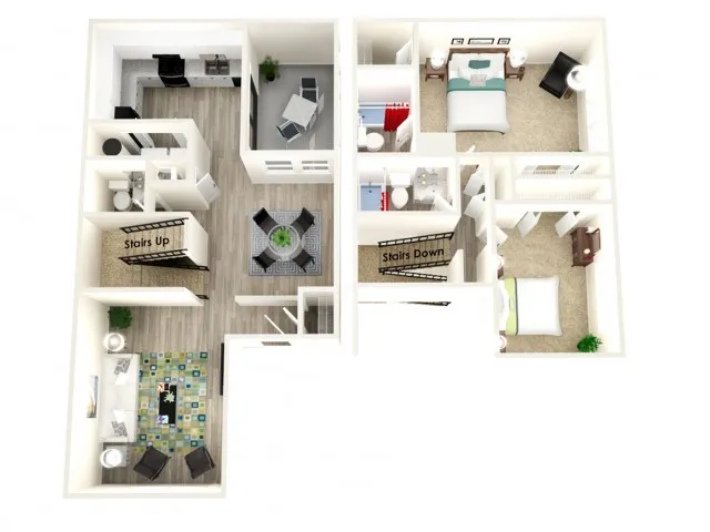 Charming 3D floor plan featuring 2 bedrooms, spacious living area, modern kitchen, and dual stair access, perfect for comfortable living.