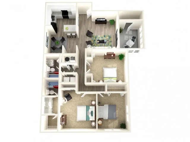 Modern 3D floor plan featuring 2 bedrooms, open-concept living and dining area, and a fully equipped kitchen with stylish furnishings.