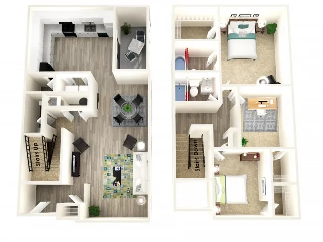 Modern two-level floor plan showcasing spacious living area, stylish kitchen, and three cozy bedrooms with ample light.