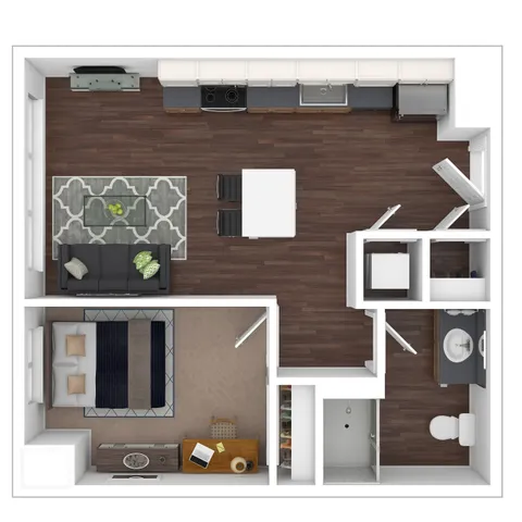 Modern 1-bedroom apartment floor plan with open-concept living area, sleek kitchen, and elegant bathroom.