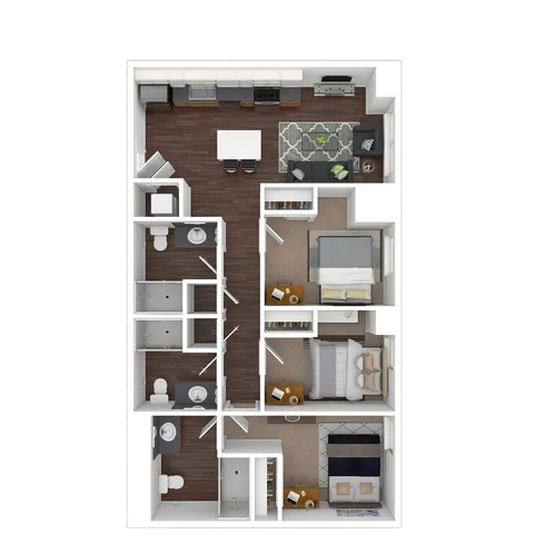 Modern 3D floor plan with 3 bedrooms, sleek kitchen, and inviting living space, perfect for family living.