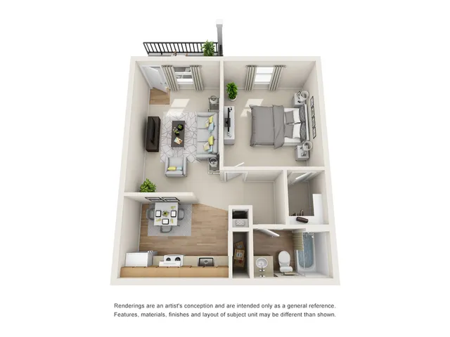 Modern 3D floor plan featuring a spacious bedroom, stylish living area, and a cozy kitchen with dining space.