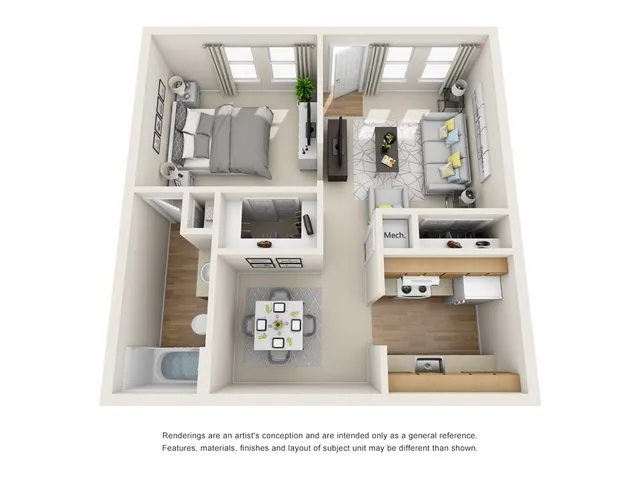 Contemporary 3D floor plan showcasing a cozy one-bedroom apartment with stylish living area, modern kitchen, and elegant decor.