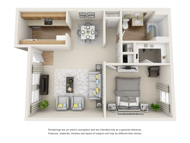 Modern 3D floor plan showcasing a cozy one-bedroom apartment with a spacious living area, sleek kitchen, and double-sink bathroom.