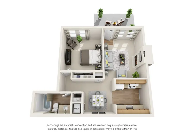 Inviting 3D floor plan featuring 1 bedroom, a chic living room with a fireplace, a cozy dining area, modern kitchen, and stylish outdoor patio perfect for relaxation.