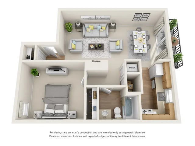Chic 1-bedroom floor plan with an inviting living area, modern kitchen, elegant dining space, and a cozy balcony. Perfect for stylish urban living.