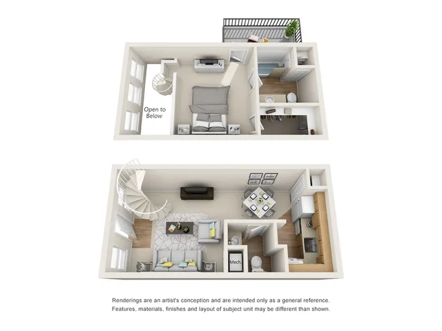 Modern two-story apartment floor plan showcasing a stylish spiral staircase, open-concept living and dining area, large bedroom with balcony, and spacious kitchen.