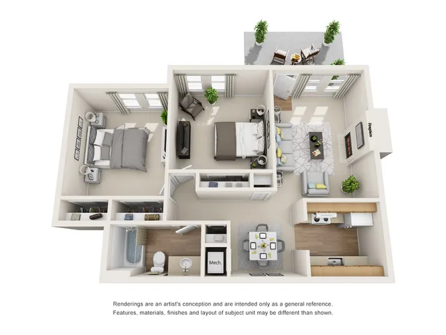 Elegant 3D floor plan showcasing 2 spacious bedrooms, inviting living room with fireplace, modern kitchen, and cozy dining area. Features a stylish patio for outdoor relaxation.