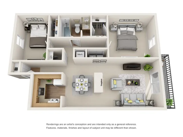 Bright 3D floor plan showcasing 2 spacious bedrooms, stylish living area with a cozy corner fireplace, modern kitchen, and elegant dining space.