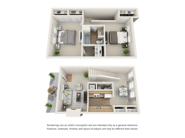 Modern 3D floor plan displaying a two-story apartment with two bedrooms, a stylish open living area, a dining space, and a contemporary kitchen, perfect for comfortable living.