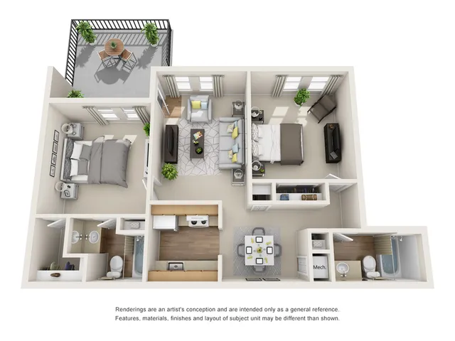 Charming 3D floor plan showcasing 2 cozy bedrooms, inviting living area, modern kitchen, and a stylish balcony.