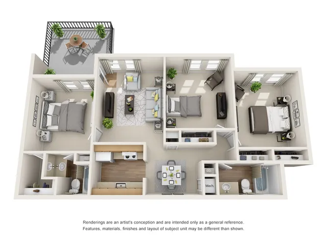 Inviting 3D floor plan showcasing 3 bedrooms, a sunlit living room, elegant kitchen, and a charming balcony with outdoor seating.