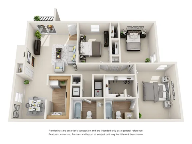 Modern 3D floor plan showcasing three elegant bedrooms, inviting living area with a cozy fireplace, stylish kitchen, and two bathrooms.