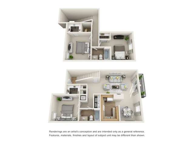 Elegant 3D floor plan showcasing a stunning two-level apartment with three bedrooms, a spacious living room with a fireplace, modern kitchen, and private balcony.