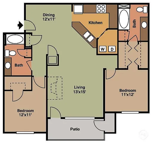 Inviting floor plan showcasing 2 cozy bedrooms, an expansive living area, modern kitchen, and a private patio.
