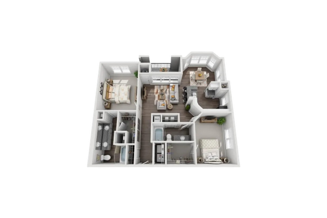 Modern 3D floor plan showcasing a 2-bedroom, 2-bathroom apartment with an open-concept living area, stylish kitchen, and ample natural light.