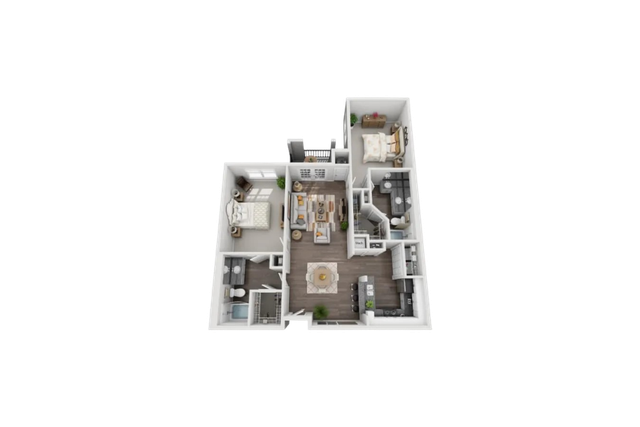 Elegant 3D floor plan highlighting a 2-bedroom apartment with cozy living area, modern kitchen, and stylish bathrooms.
