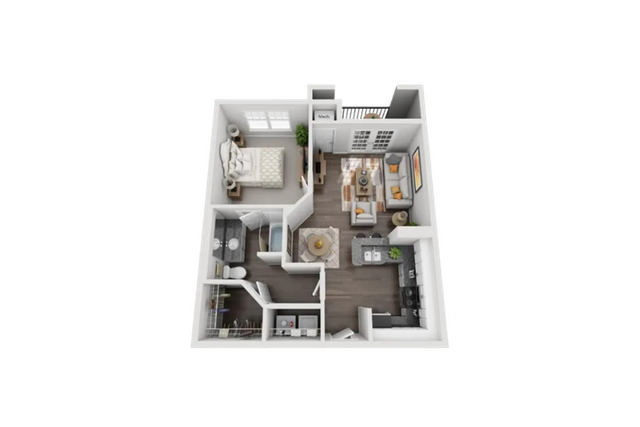 Modern 3D floor plan showcasing a cozy one-bedroom apartment with an open-concept kitchen, stylish living area, and a full bathroom.