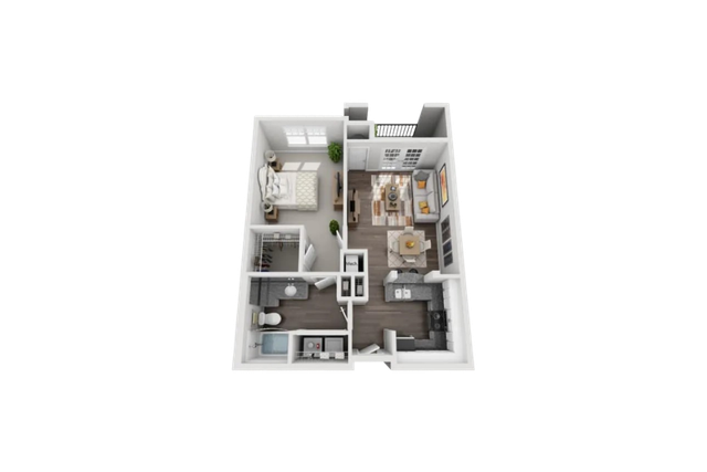 Chic 3D floor plan showcasing a modern apartment with 1 bedroom, a spacious open living and dining area, stylish kitchen, and well-appointed bathroom.
