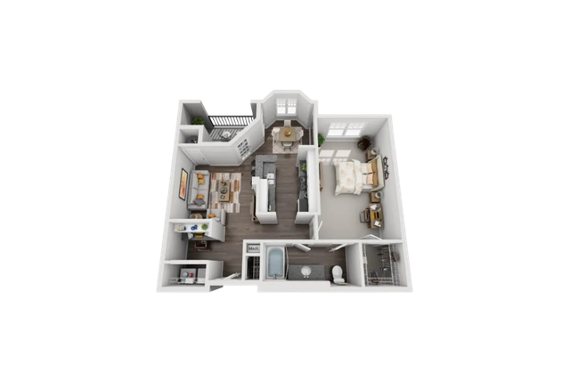 Modern 3D apartment floor plan showcasing a cozy bedroom, inviting living area, elegant kitchen, and a stylish bathroom.