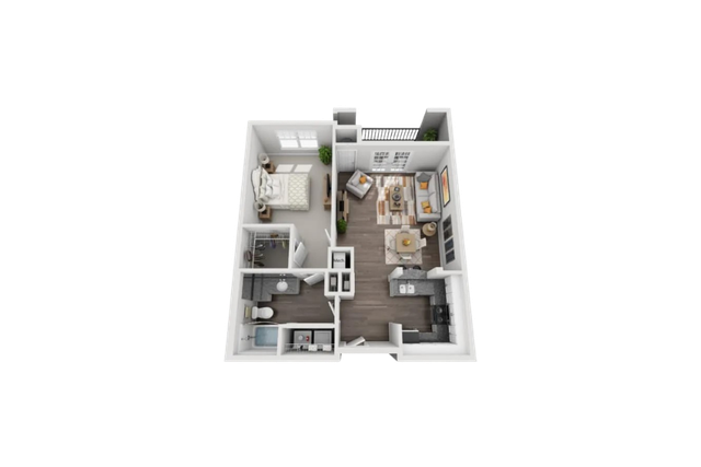 Inviting 3D floor plan showcasing a spacious 1-bedroom layout with a cozy living room, modern kitchen, and elegant bathroom.
