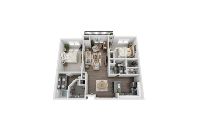 Charming 3D floor plan with 2 bedrooms, a stylish open-plan living room, and a modern kitchen, perfect for cozy living.