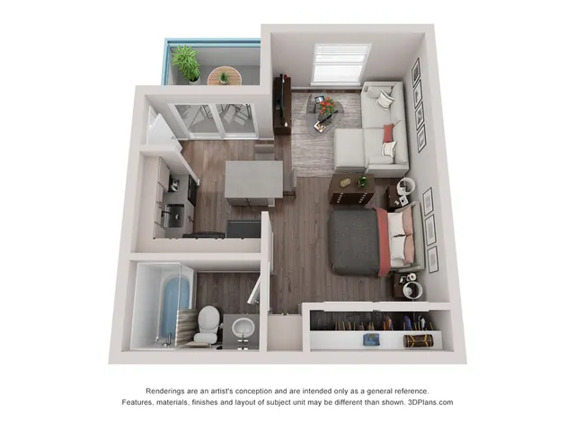 Chic 1-bedroom apartment floor plan with open-concept living room, modern kitchen, and cozy balcony.