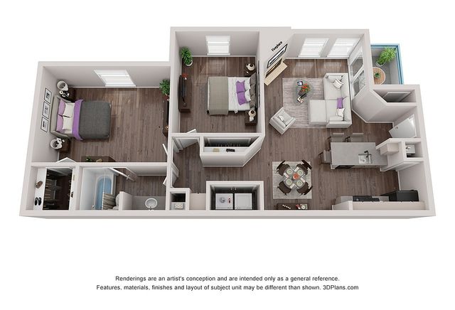 Inviting 3D floor plan showcasing 2 elegant bedrooms, a contemporary open-concept living area, and a sleek modern kitchen with island seating.