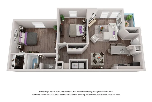 Contemporary 3D floor plan showcasing 2 bedrooms, inviting open living space, modern kitchen, and elegant dining area.
