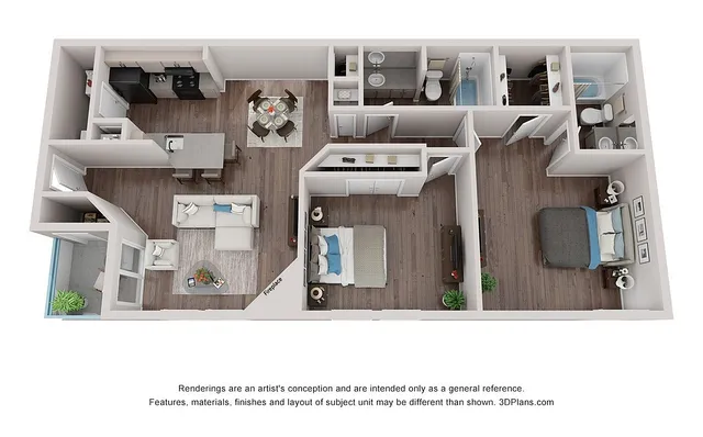 Modern 3D floor plan featuring 2 bedrooms, a spacious living room with a fireplace, and a stylish kitchen with an island bar.