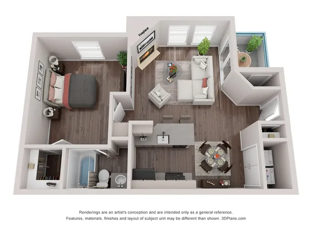 Modern 3D floor plan showcasing a cozy 1-bedroom apartment with a stylish living area, elegant kitchen, and inviting balcony.