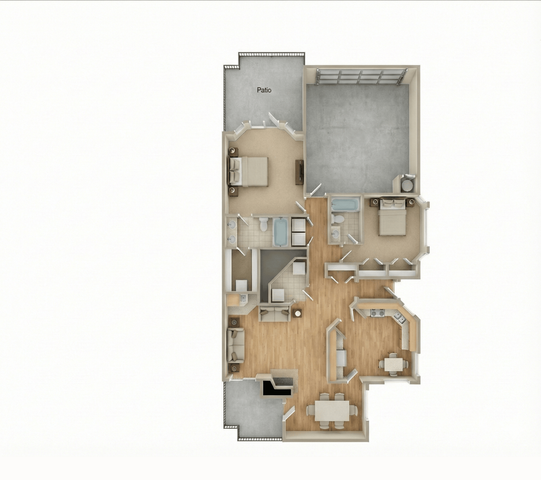 Contemporary 2D floor plan showcasing 2 elegant bedrooms, a spacious open-concept living area, modern kitchen, and a charming patio.