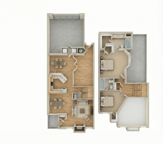 Elegant 2D floor plan showcasing a modern two-story layout with 3 bedrooms, spacious open-concept living and dining areas, and two well-appointed bathrooms.