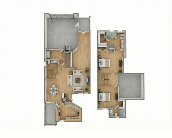 Contemporary 3D floor plan showcasing a spacious layout with two bedrooms, two bathrooms, an elegant open-concept living and dining area, and a modern kitchen. Features include a large balcony and ample storage space.
