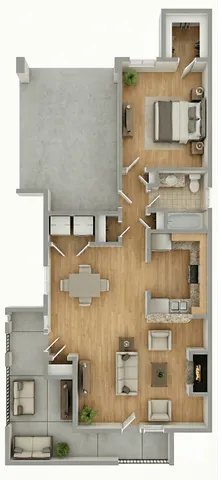 Modern 3D floor plan with a spacious open-concept living area, cozy bedroom, stylish kitchen, and elegant dining space.