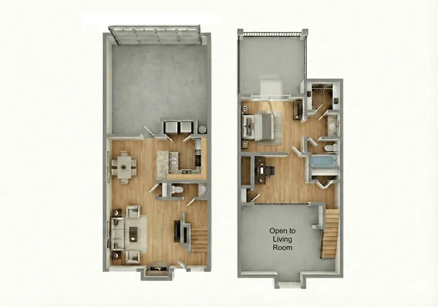 Contemporary two-level floor plan showcasing an open-concept living area with spacious kitchen, cozy dining space, and a luxurious bedroom. Ideal for modern living.