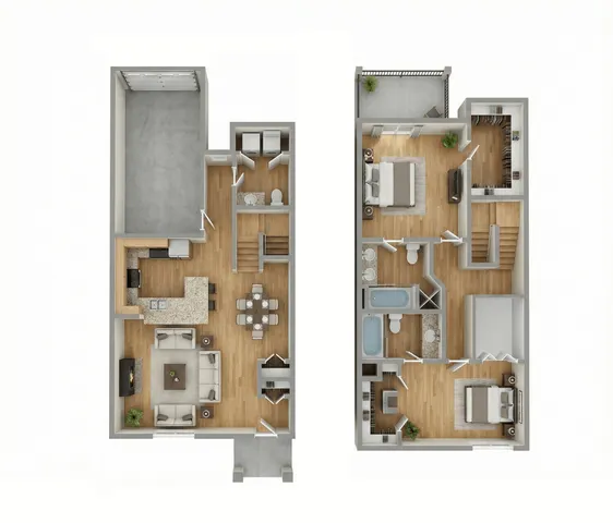 Contemporary two-level floor plan featuring 3 bedrooms, spacious open-concept living area with modern kitchen, and elegant dining space.