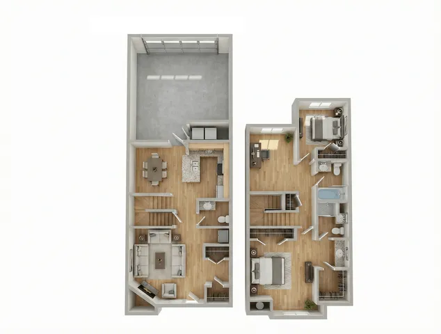 Chic 3D floor plan featuring two levels, 2 bedrooms, home office, spacious living area, modern kitchen, and private garage.