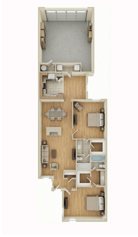 Elegant floor plan showcasing a spacious layout with two cozy bedrooms, two modern bathrooms, an open-concept living and dining area, and a sleek kitchen, perfect for contemporary living.