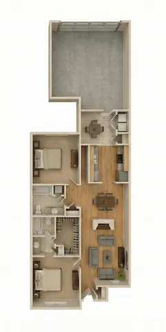 Modern 3D floor plan showcasing 2 cozy bedrooms, spacious living area, elegant kitchen, and attached garage.