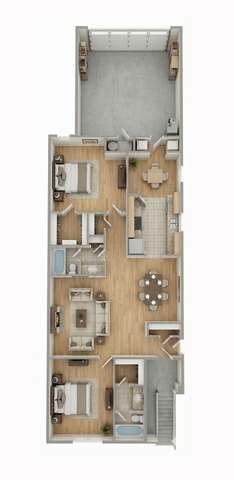 Elegant and spacious floor plan featuring three bedrooms, a modern kitchen, open dining and living area, plus a cozy bathroom. Perfect for contemporary living.